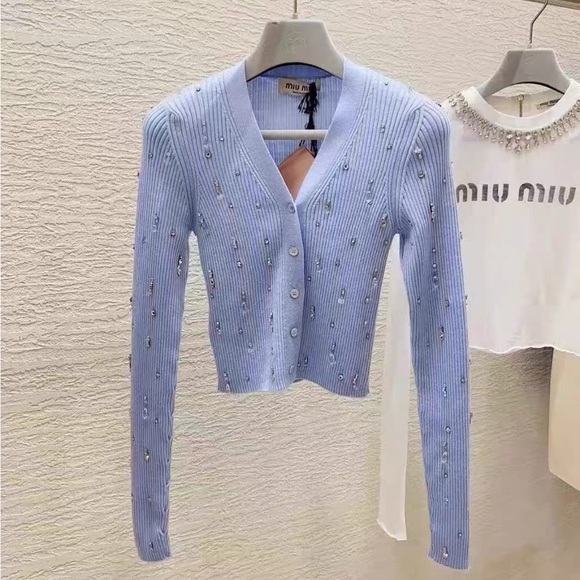 Miu Miu Sweaters - Authentic Miu Miu Pastel Blue Embellished Cardigan